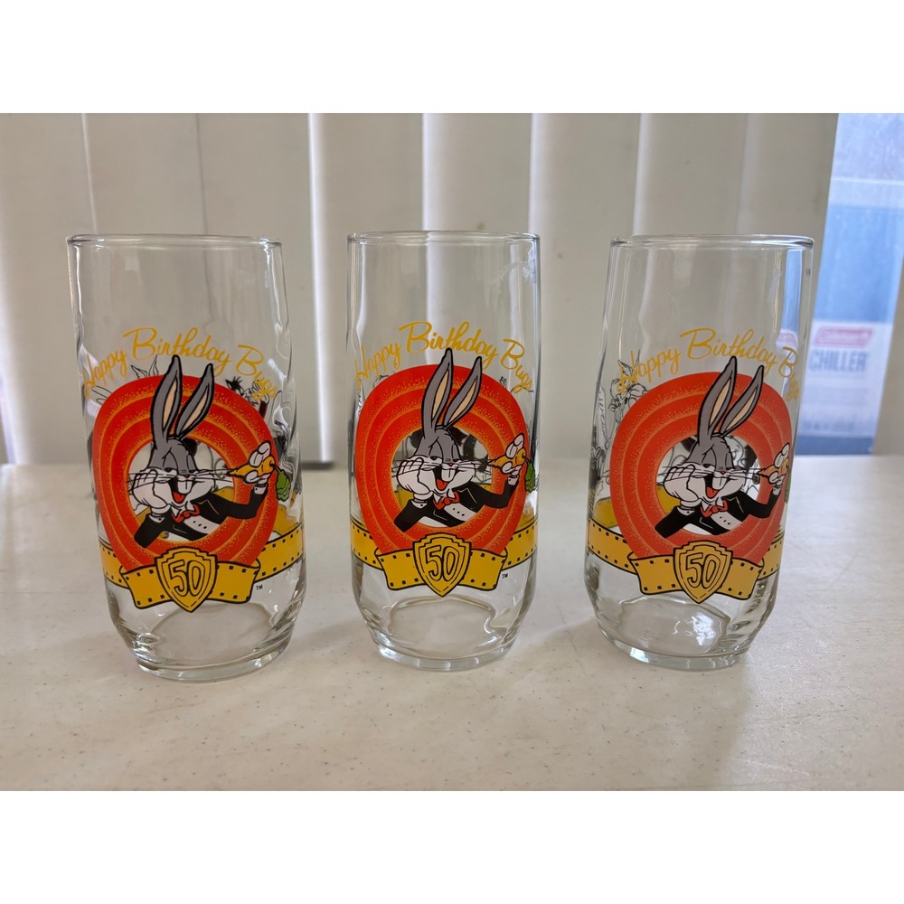 1990 Bugs Bunny 50th Birthday Warner Bros Looney Tunes Glasses Set of 3